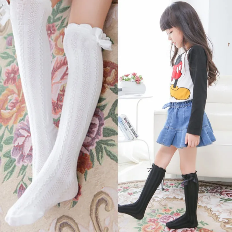 Spring Autumn Children Stockings Cute Bow Knee High Striped Kids Girls Mid Length Stockings Child Fashion Breathable Dance Socks