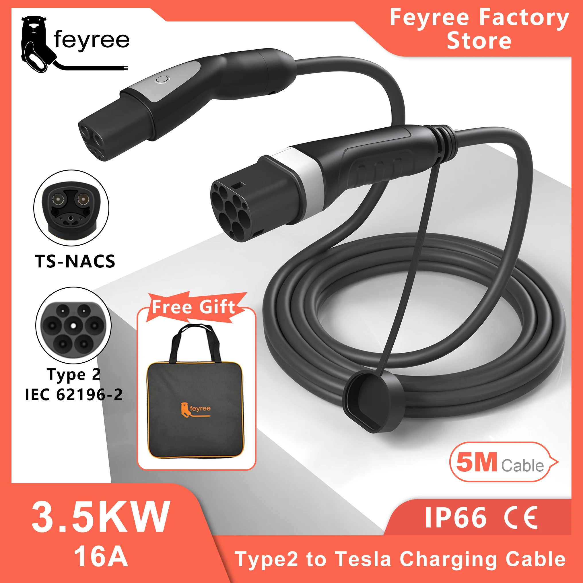 feyree 16A 3.5KW 32A 7KW 1Phase Type2 to TS-NACS Socket EV Кабель зарядного устройства для Tesla Model 3 Y X S для общественной зарядной станции