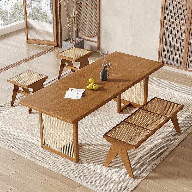 Wabi Sandy Wind Solid Wood Rattan Dining Table Homestay Household Small Apartment Dining Table Log Tea Room