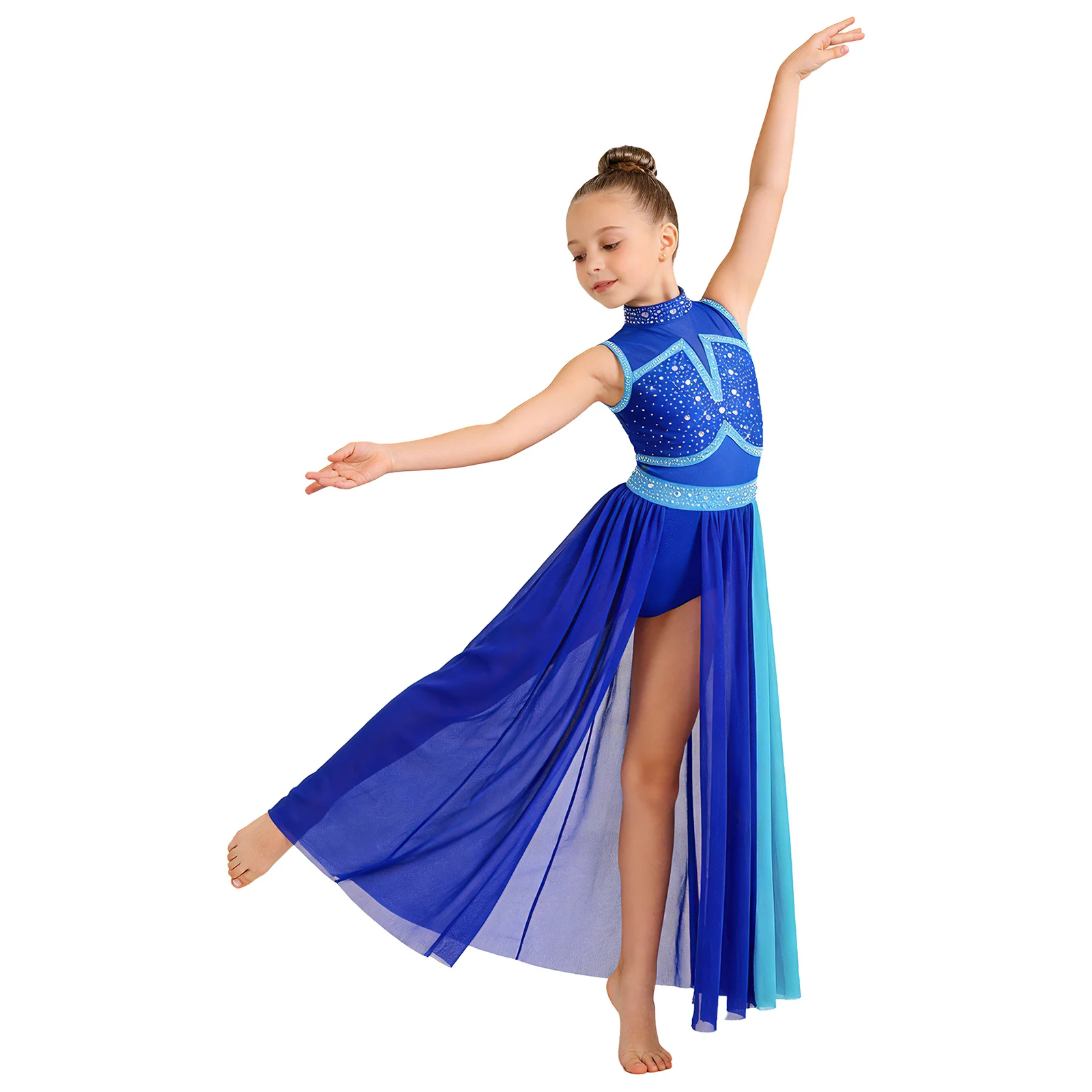 Kids Girls Lyrical Dance Dress Shiny Rhinestone Sheer Mesh Leotard Dresses Choir Skating Gymnastics Acrobatics Modern Dancewear
