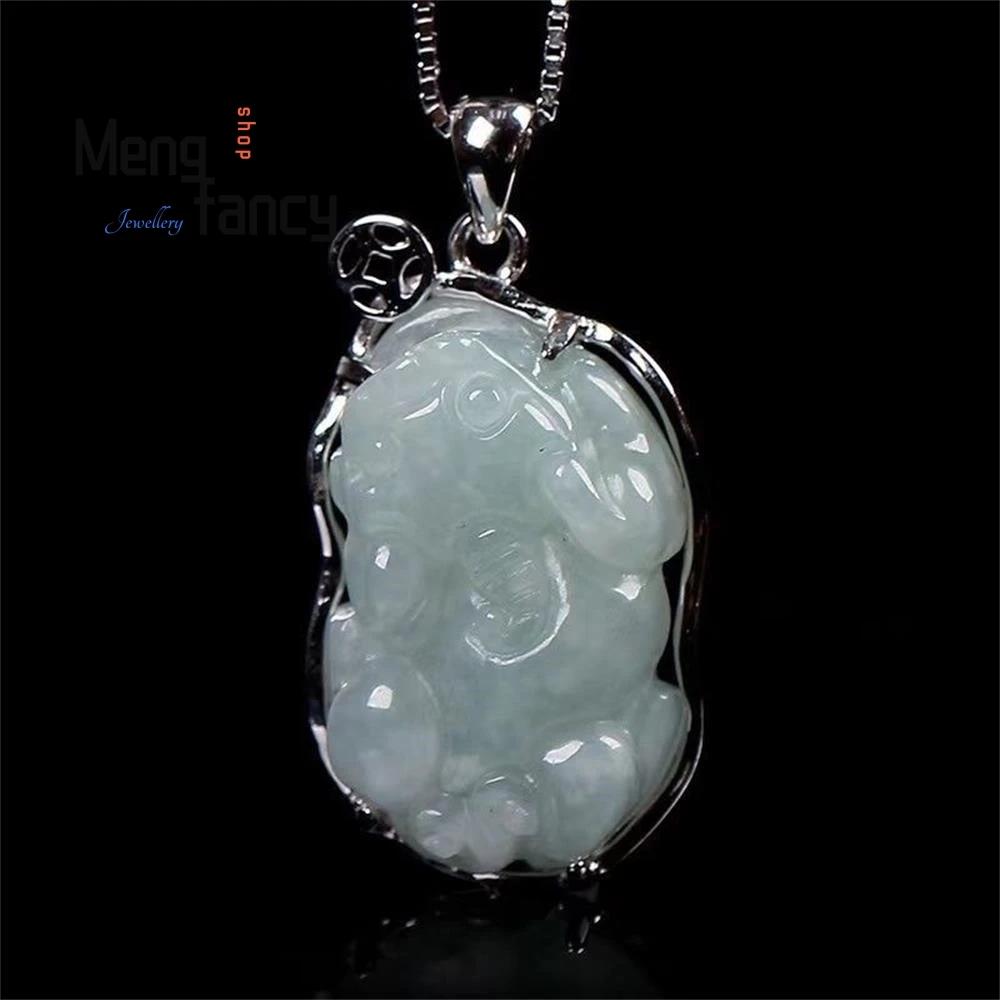 S925 Silver Lnlaid Natural Burmese A-goods Jadeite Fortune Pixiu Jade Pendant Exquisite Elegant Charm High-grade Fashion Jewelry