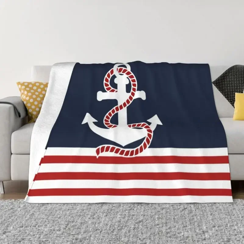 Nautical Stripes And Red Anchor Blankets Comfortable Soft Flannel Sprint Sailing Sailor Throw Blanket for Sofa Office Bed