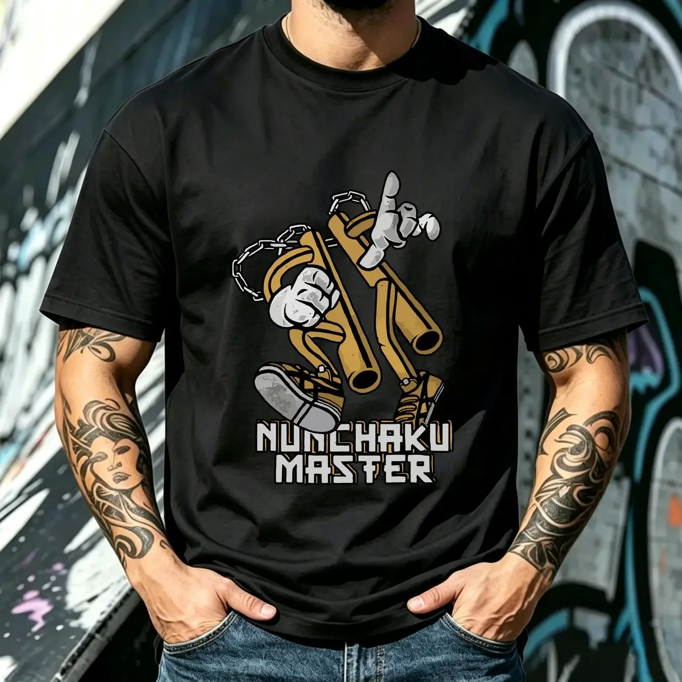 washed T Shirt Nunchaku Cartoon Kobudo Master nunchuks chainsticks chuka sticks Karate Martial Art Shop long or short sleeves