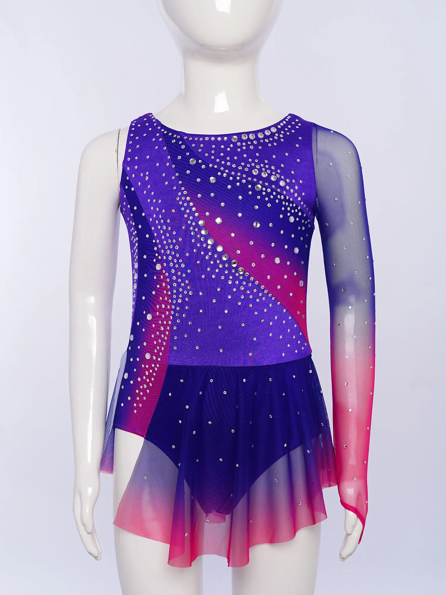 6-16Y Girls Figure Skating Lyrical Dance Dress Shiny Rhinestone Sheer Mesh Leotard Dresses for Gymnastics Acrobatics Ballet image 4