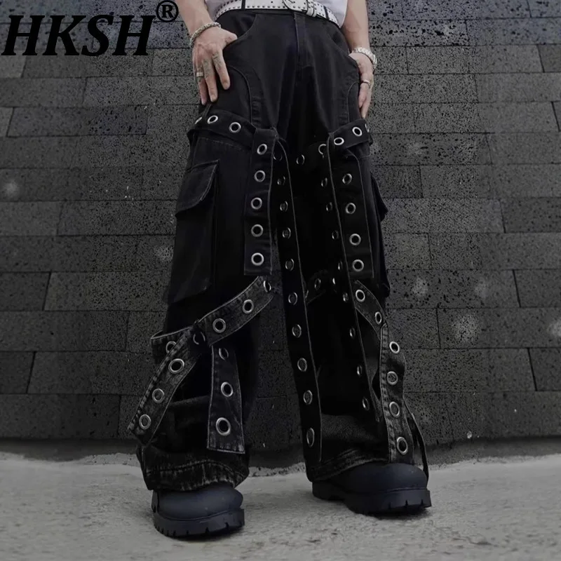 

HKSH весна осень новые мужские американские уличные тяжелые нишевые дизайнерские плиссированные свободные драпированные джинсы в стиле сафари женские джинсовые брюки HK9779