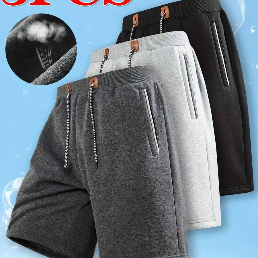 

3 Pcs Mens Breathable Polyester Knit Shorts With Pocket Elastic Waist Drawstring Casual Summer Shorts