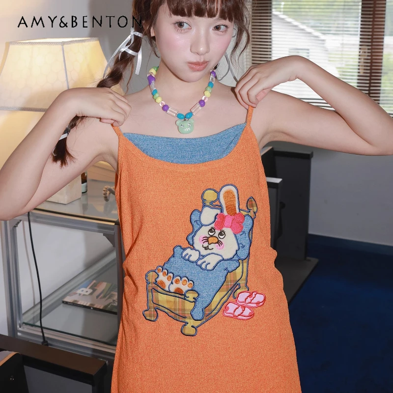 

Original Design Orange Animal Splicing Pattern Women's Sling Dress 2025 Summer New Slimming Thin Cute Sleeveless Dresses Ladies