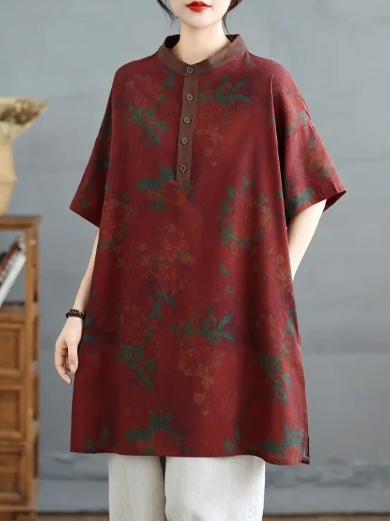 

Повседневный льняной топ с принтом, большой размер, женский свободный круглый топ средней длины с воротником-стойкой Ne ort-Sve, новое поступление лета