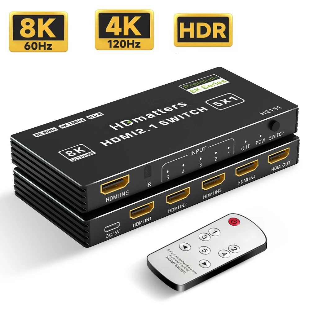 Przełącznik HDMI 2.1 4K 120Hz 4K 60Hz Przełącznik HDMI 2.0 Przełącznik portów HDMI 5/4/3 z pilotem obsługuje HDR 4K CEC dla PS5 Xbox HDTV
