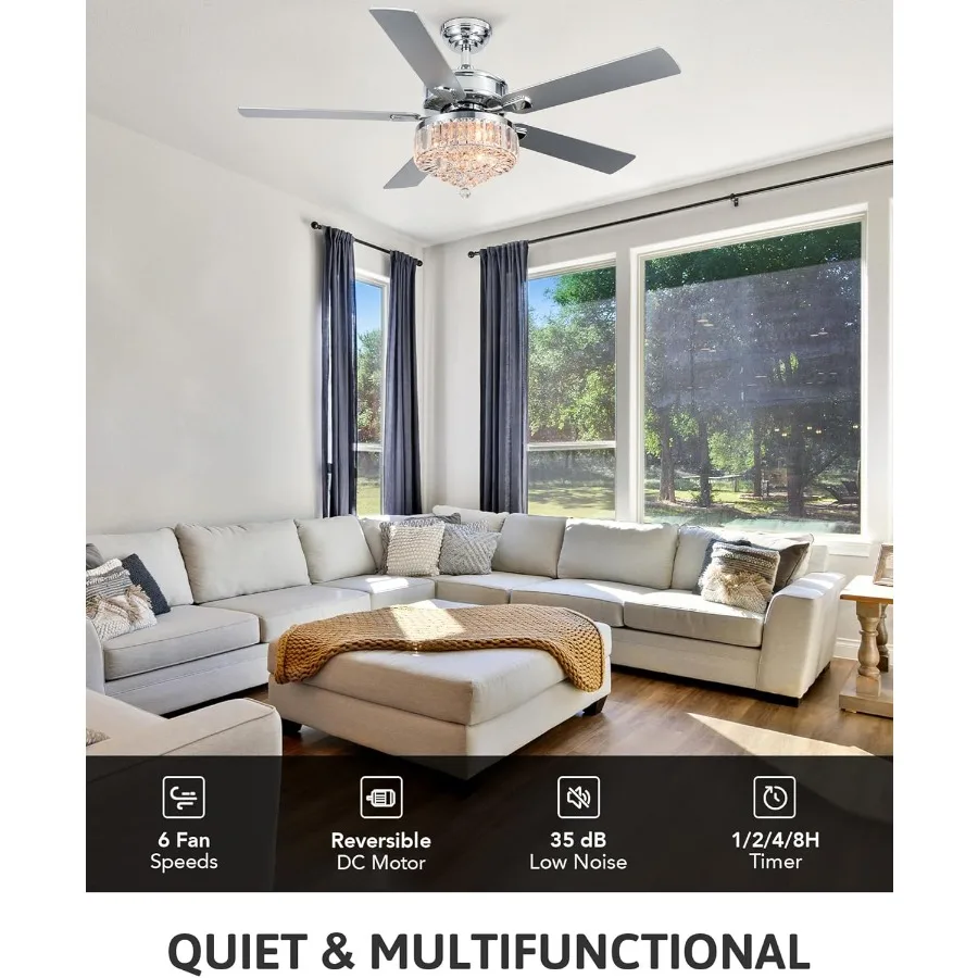 52-Inch Crystal Ceiling Fan with Integrated Light and Remote Control for Farmhouse Bedroom Indoor Use 5 Blades Design with 6-Sp