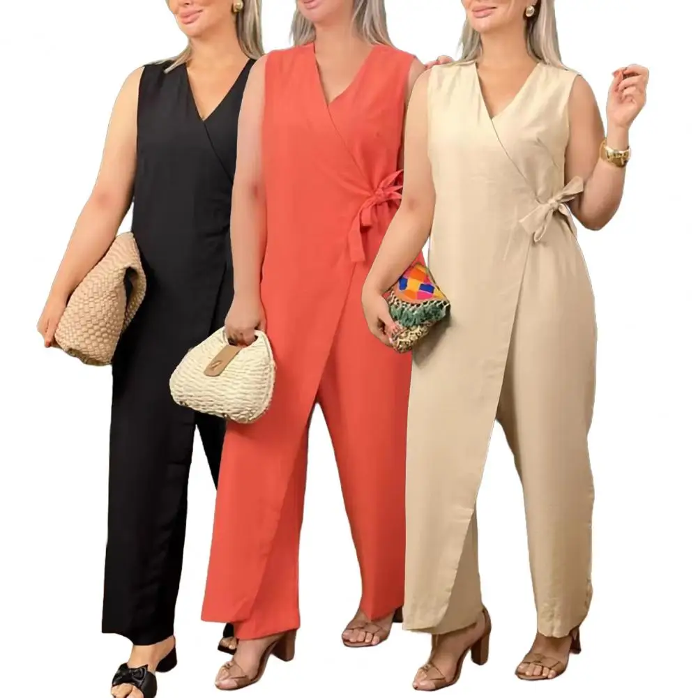 Damen-Overall mit Schnürung, V-Ausschnitt für schmale Taille, weites Bein-Design, formelles Business-Einteiler-Outfit für Pendler