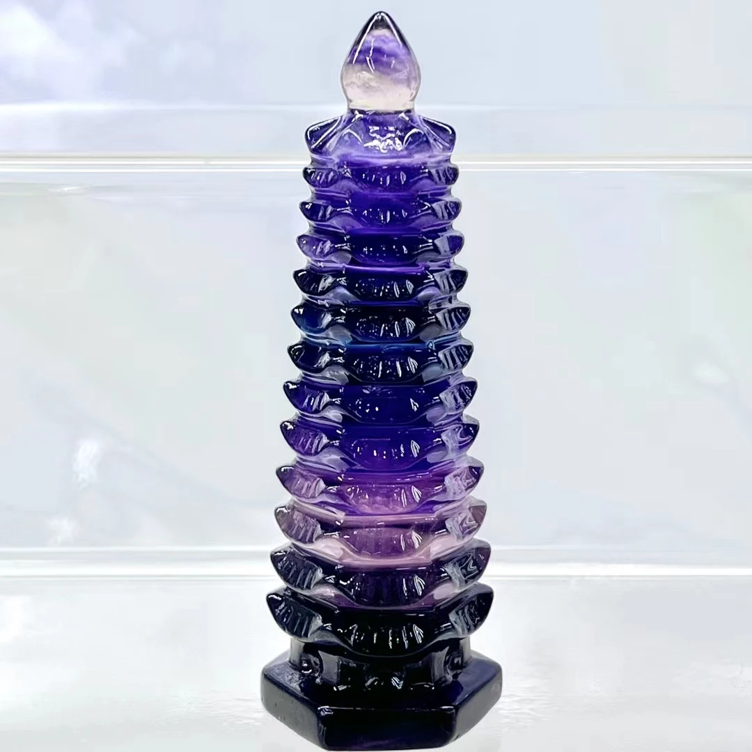 10cm Natural Colored fluorite pagoda point carved stone wenchang tower energy and chakra crystal healing crystals