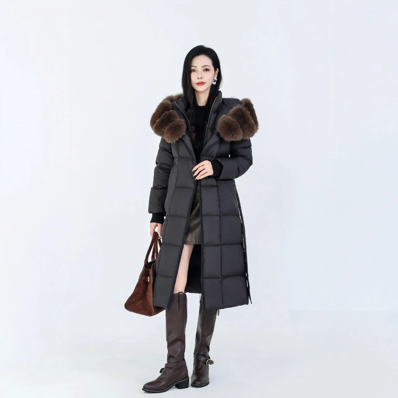 Jaqueta feminina europeia de inverno, jaqueta slim fit com capuz de pele de raposa e ganso