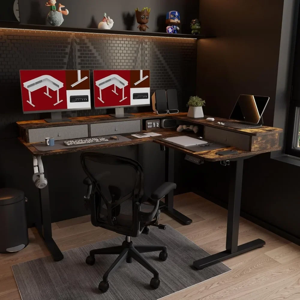 

3 Drawers, Height Adjustable Stand up Desk, Corner Gaming Desks with Monitor Stand, Black Frvame/ Computer Desks