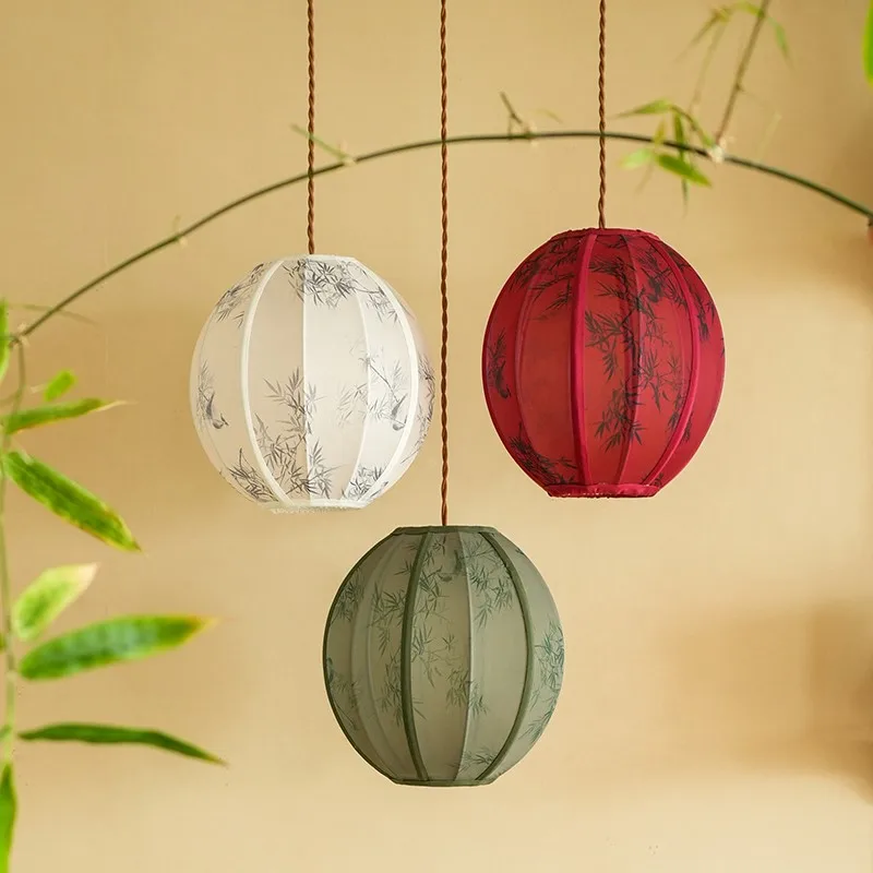 

Бамбуковая тень, новый китайский ретро-фонарь, ткань для ресторана, кабинета, спальни, чайной комнаты, сферический кулон
