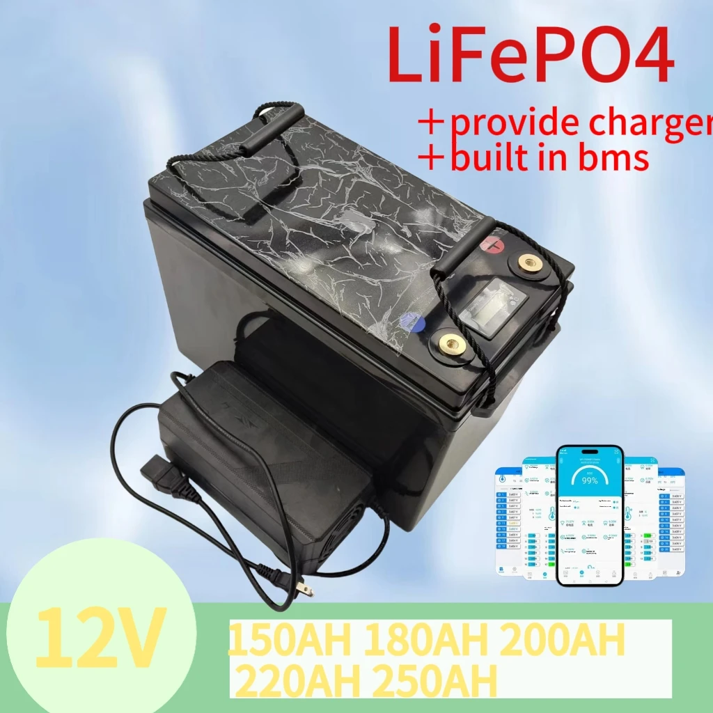 

Rechargable 12V 150Ah 180Ah 200Ah 220Ah 250Ah Lifepo4 Battery with Bluetooth BMS for 2KW Trolling Motor Solar Panel Inverter