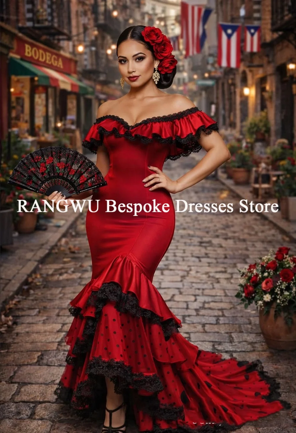 Vestido de noche rojo español, estilo sirena, con hombros descubiertos, falda escalonada, vestidos de baile de graduación, vestido de fiesta formal, vestidos de noche personalizados
