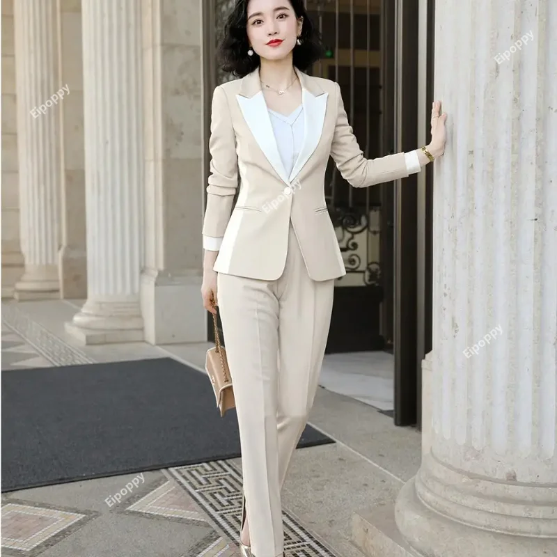 

2024 New Women Elegant Pants Sets Fashion Office Lady Black Apricot Long Sleeve Jacket Blazer Coat Pants 2 Piece Suit Set