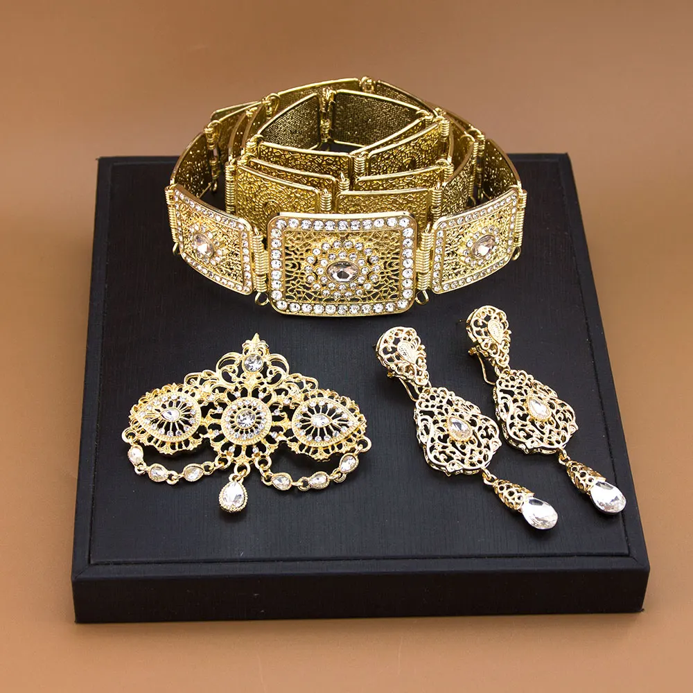Sunspicems Elegent Morocco Bridal Jewelry Sets Caftan Belt Flower Brooch Pins Long Drop Earring Rhinestones Gold Silver Color