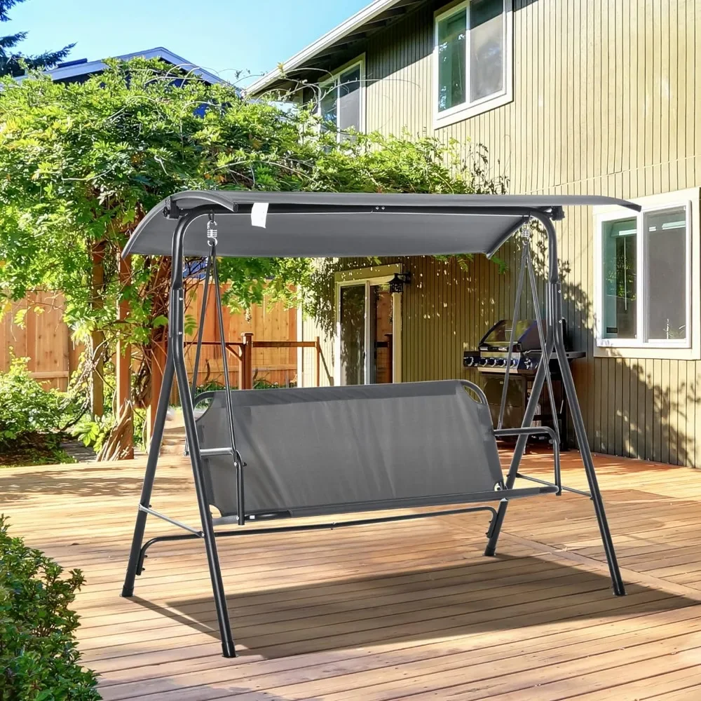 3-Person Porch Swing with Stand, Outdoor Swing for Patio with Adjustable Tilt Canopy and Comfortable Swing,Steel Frame,Gray