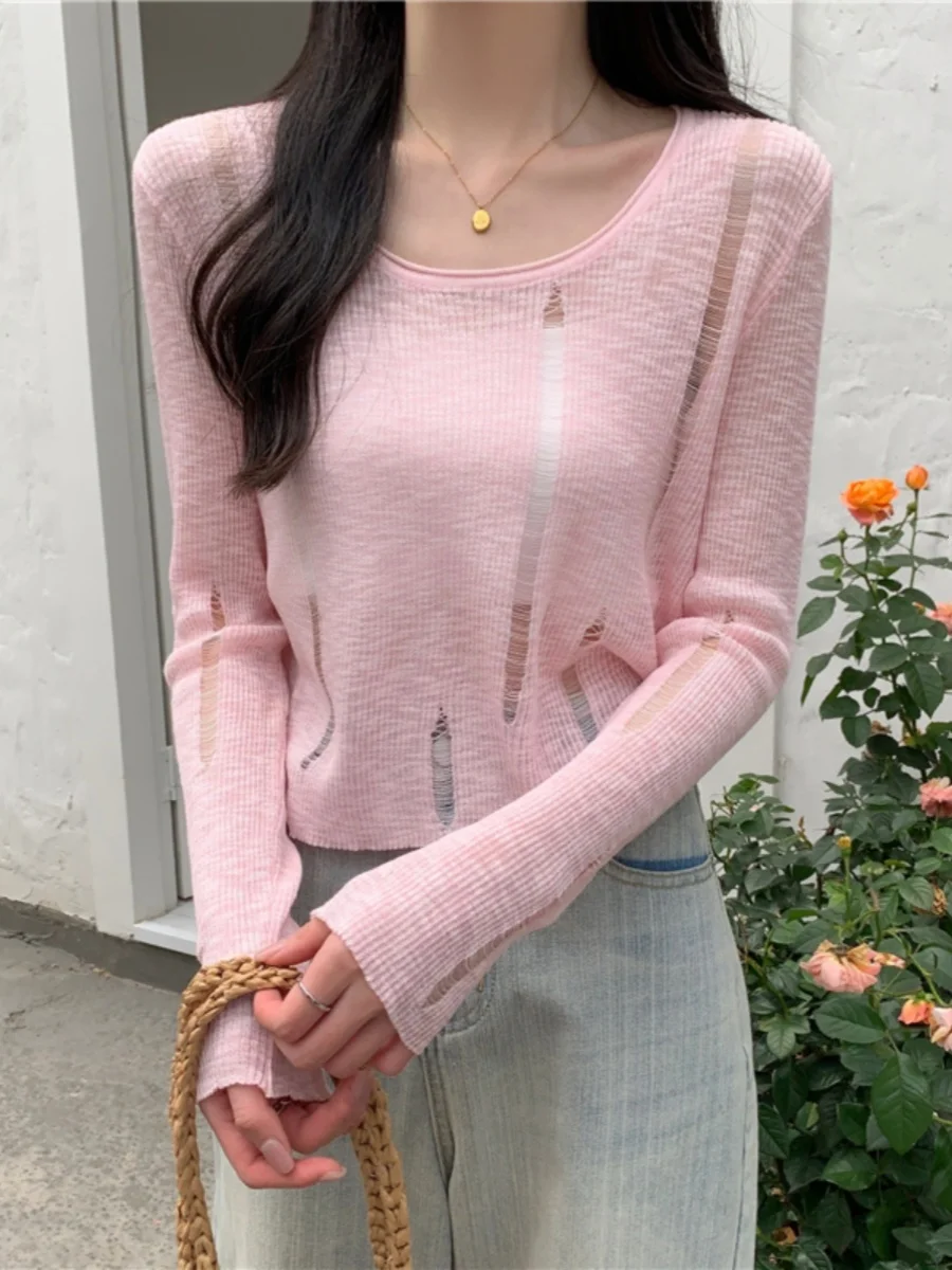 

Summer Ice Silk Long Sve Knitted Sun Protection Clothes Women's Lightweight Hollow out Breathable T-irt Sweet Sle Loos...