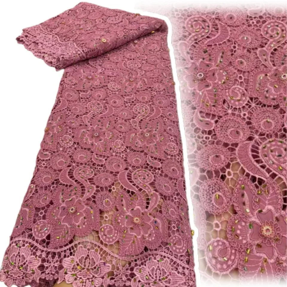 

2026 African Nigerian High Quality Embroidery Lace Fabric Water Soluble Tulle Wedding Party Dress Guipure Sequins 5 Yards 1920