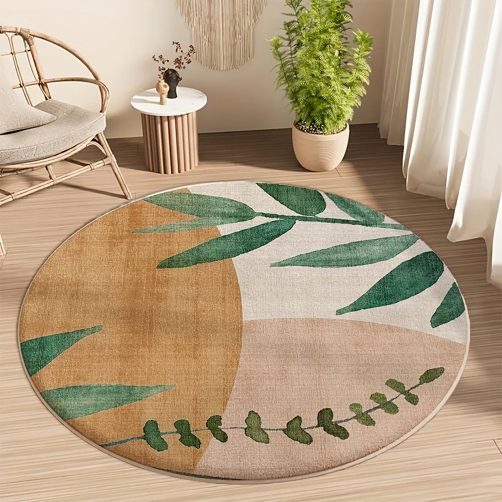 Beigefarbener runder Teppich mit Blattmuster – weicher Plüsch-Teppich, rutschfest, mintgrüne Blumen-Bodenmatte für Wohnzimmer- und Flurdekoration