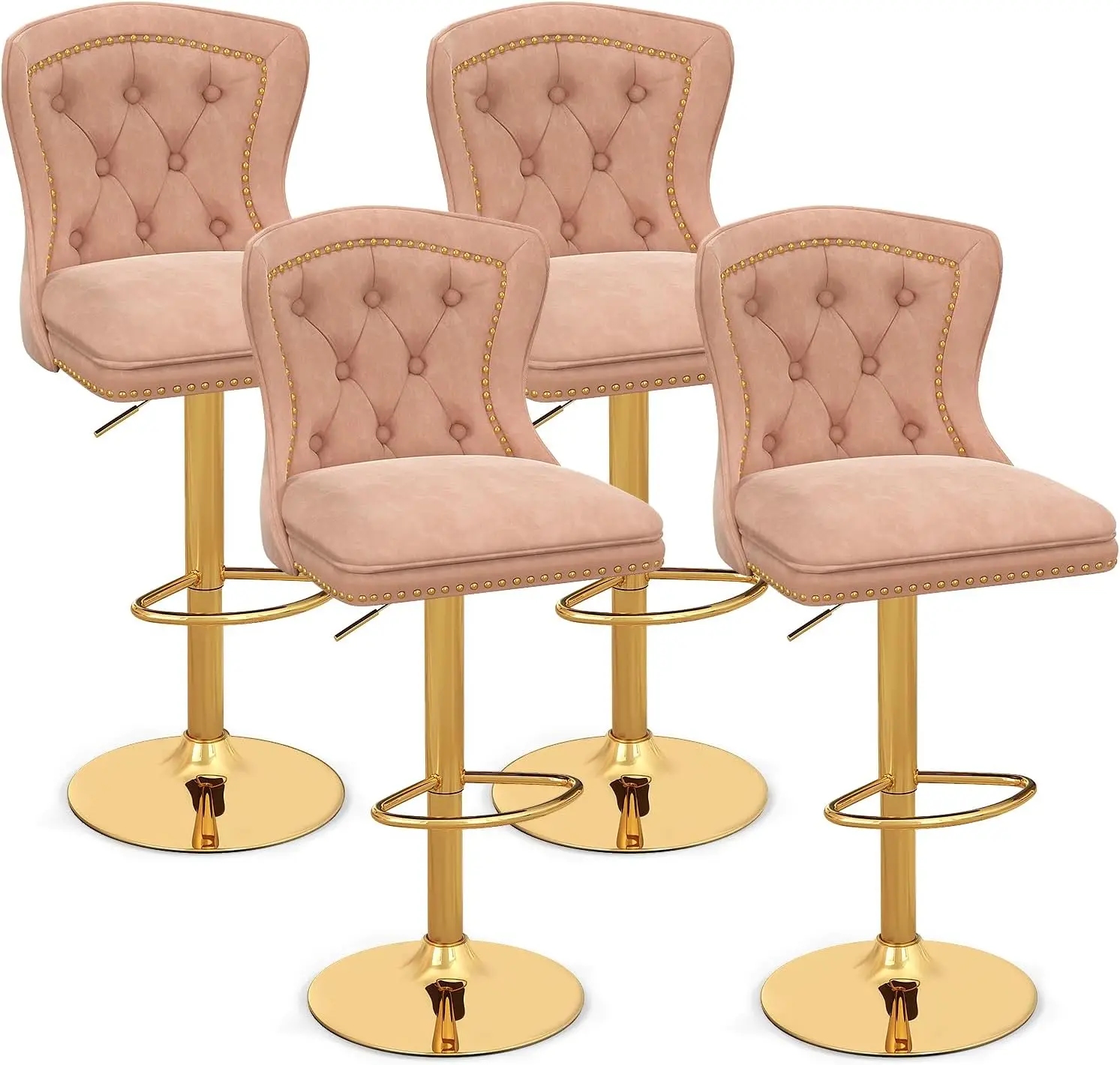 

Adjustable Bar Stools Set of 4, Dutch Velvet Bar Chairs with Footrest, Electroplated Metal Base, Anti-Slip Ring