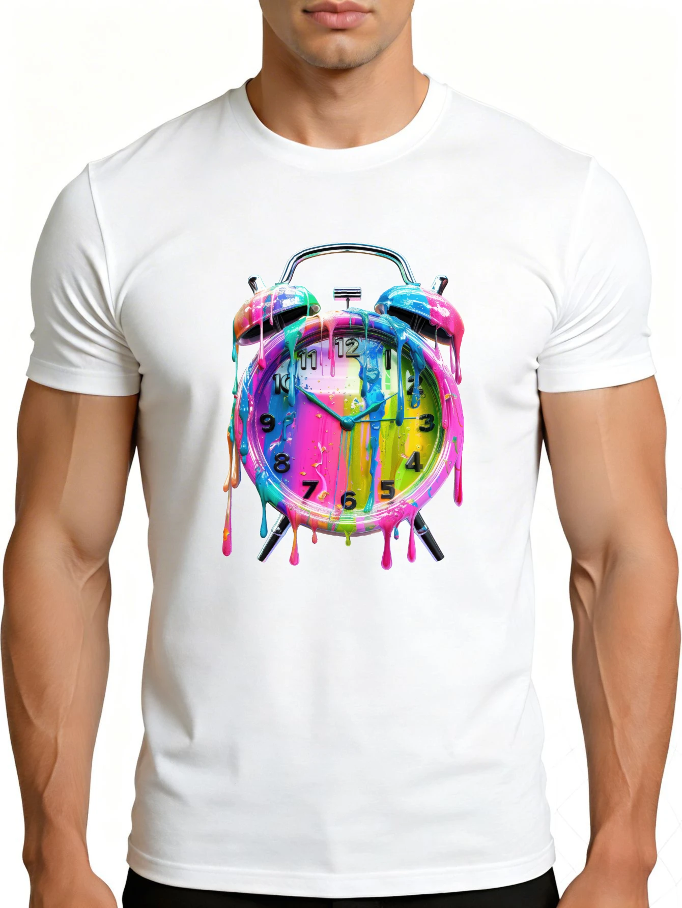 Colorful Clock Art Men's T-Shirt Abstract Paint Drip Design Summer Casual Wear Gift for Him