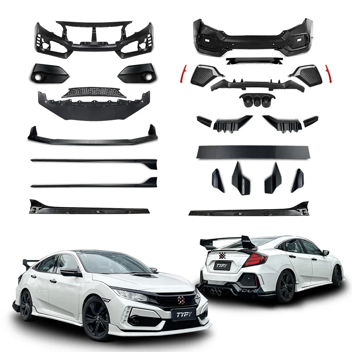 Car Body Kit Mugen Style For  10th FK7 Sedan Hatchback Front Rear Bumper Lip Rear Spoiler Tailpiece Type R Style Kit