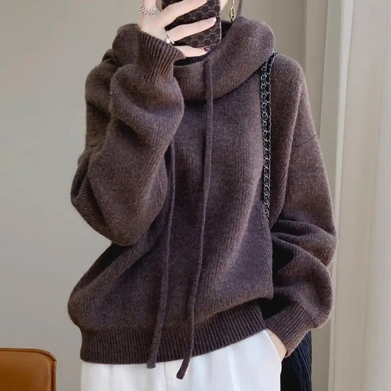 Autumn Winter Knitted Hoodies Pullovers Sweater Women Long Sleeve Sweatshirts Top Drawstring Knitwear Tops Office Lady Sweater 4
