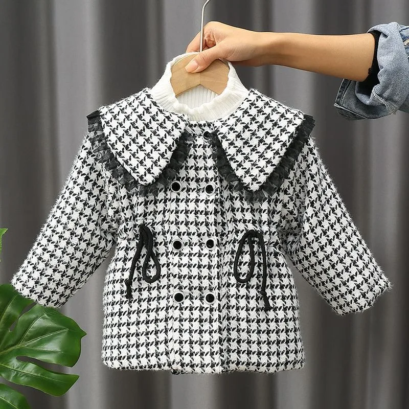 2025 New Girls' Houndstooth Thickened Wool Coat for Kids Spring Autumn Winter Warm Trendy Children's Woolen Coat with Pattern