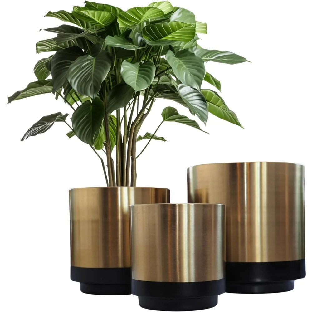 

Set of 3 Brass Planters – Modern Vintage Indoor/Outdoor Plant Pots with Anti-Scratch Pads – Large, Medium & Small Sizes – E