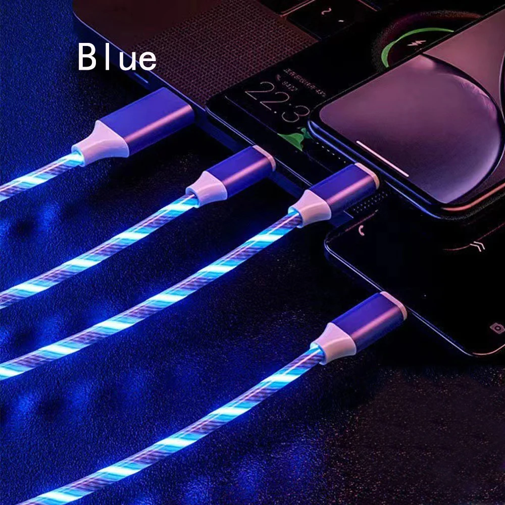 كابل شحن متعدد USB عالمي متدفق LED مضيء للهاتف ، واجهة لتفاح ، نوع C ، USB صغير ، موصل شاحن ، 3 في 1