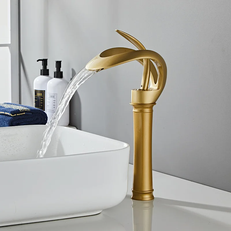Golden Brass Bathroom Faucet, Creative Waterfall Single Hole Hot and Cold Mixer Tap for Lavatory Sink Vanity Basin