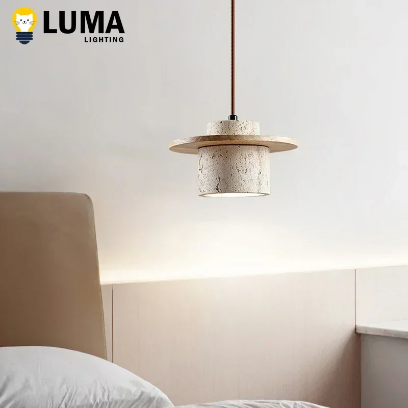 

Luma Wabi-Sabi Style Yellow Travertine Pendant Light with Round Wood Bedside Lamp Home Chandelier E27 Bulb Natural Stone Lights