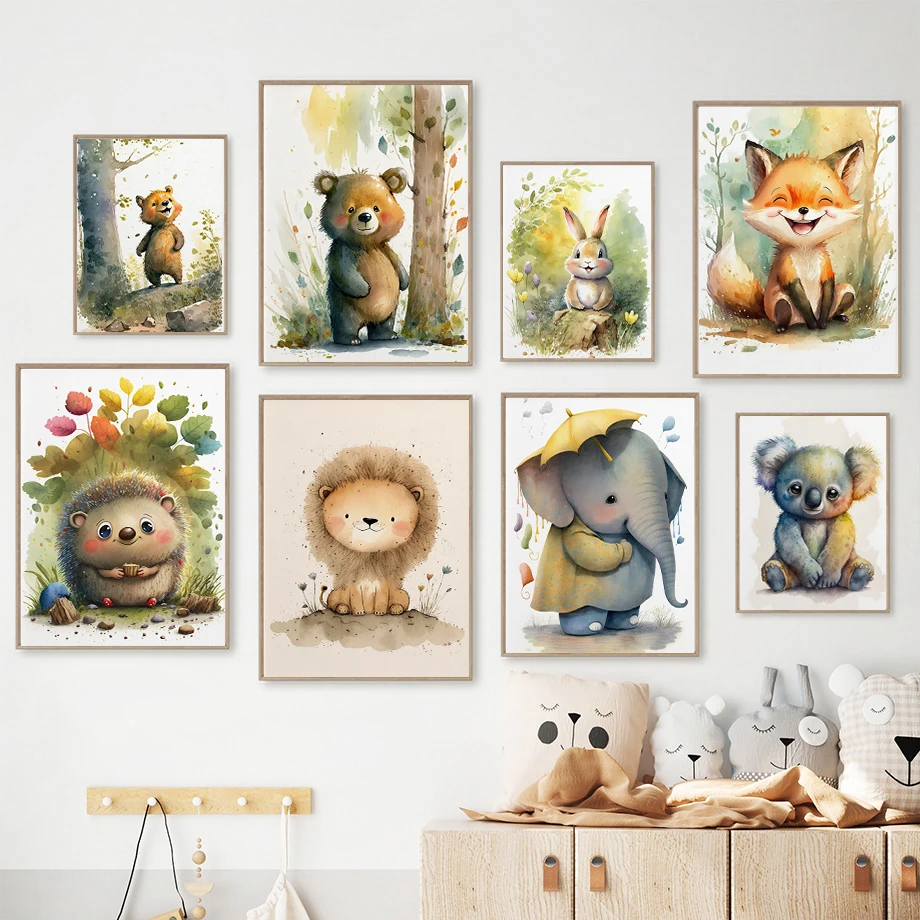 

Happy Little Animal Teddy Bear Elephant Lionet Fox Koala Baby Crocodile Fashion Wall Art Canvas Painting Nordic Poster Decor