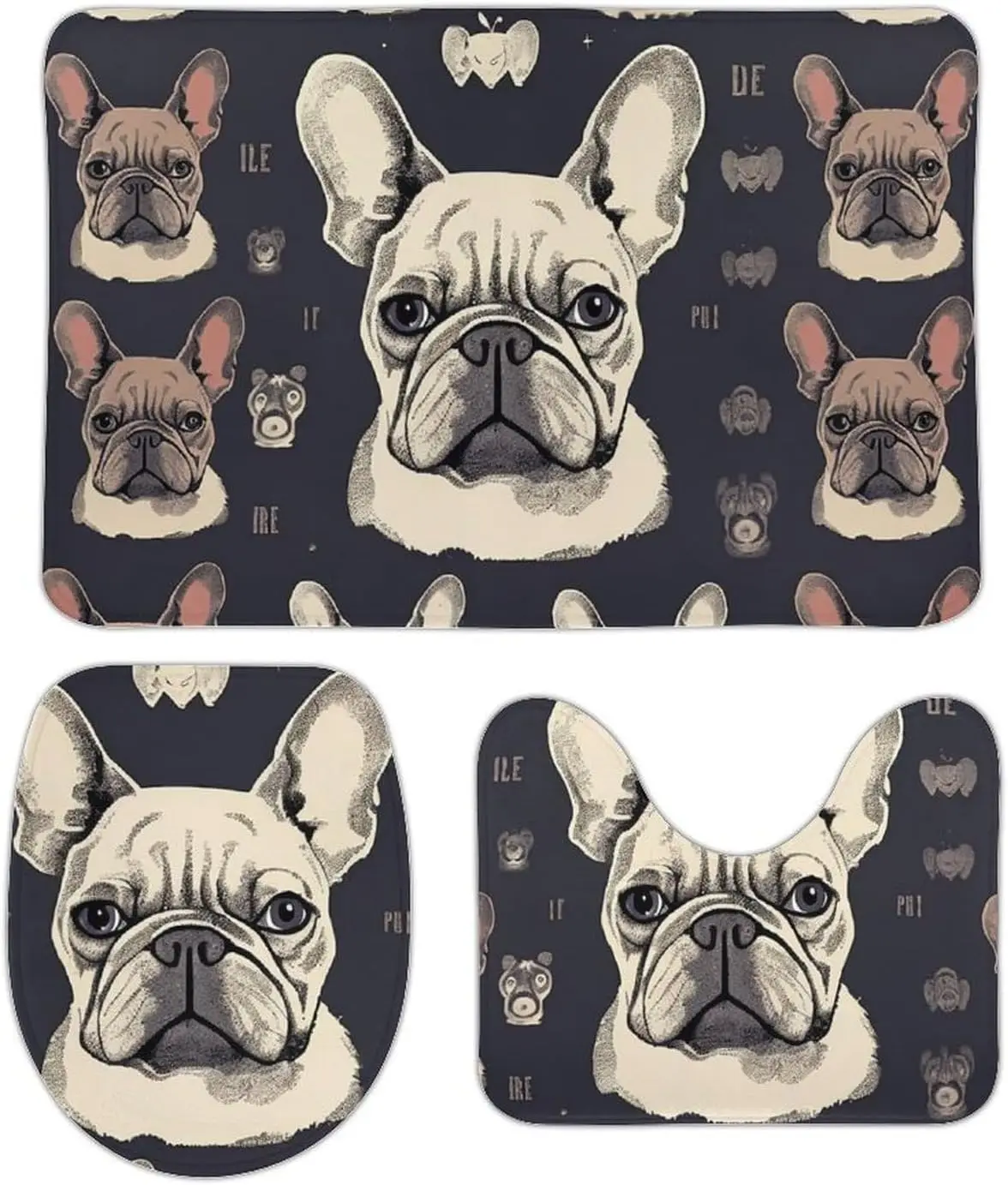 3 Piece Bath Rug Set Non Slip Absorbent Bath Mat Contour Mat with Toilet Lid Cover I Love French Bulldog Soft Floor Mats for
