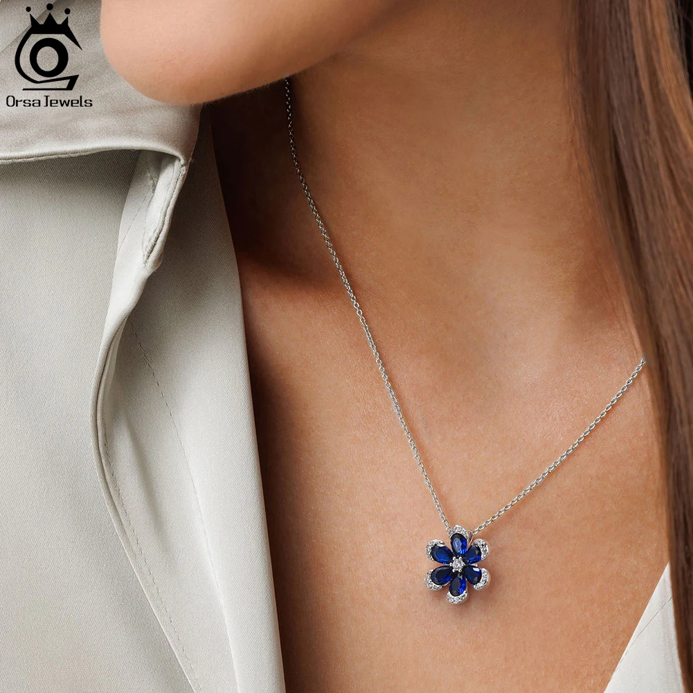 ORSA JEWELS Shiny Created Sapphire Flower Pendant 925 Sterling Silver 5A CZ Necklace Engagement Wedding Jewelry for Women LZN17