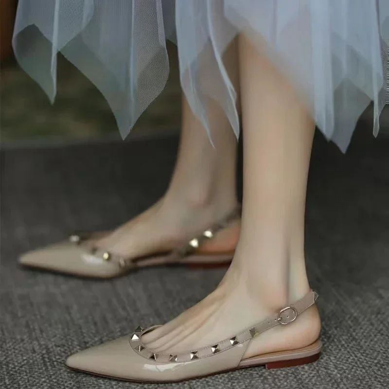 Fashion Studded Pointed Toe Flats Leather Open Toe Sandals Women's Sandals Women's Flats  Shoes Woman