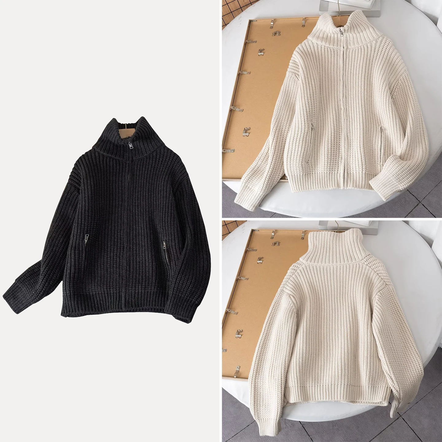 

Женский повседневный открытый кардиган на молнии с высоким воротником, длинный свеч, свободный крой, вязаный свитер, осень 2023, новинка Sle, универсальная подставка C...