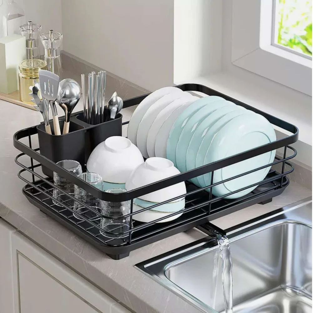 Steel Dish Drainer Rack with Drip Tray Cutlery Holder Plate Rack Kitchen Sink