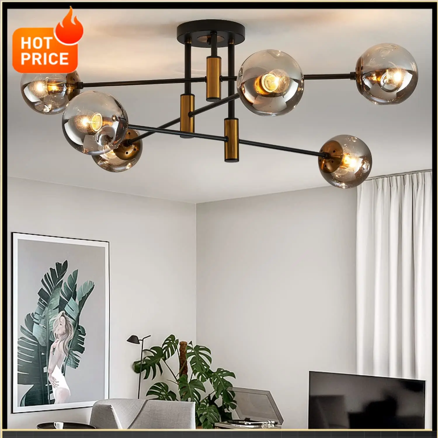 

Bestseller6-Light Glass Globe Sputnik Chandelier Modern Matte Black and Gold Ceiling Light Fixture Vintage Hanging Chandeliers f