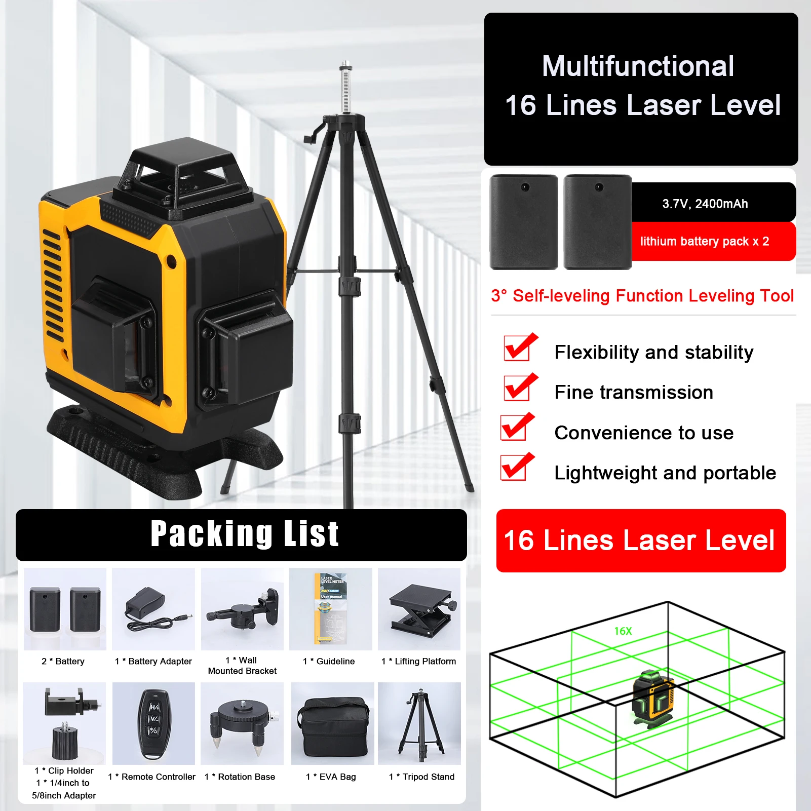 16 Lines Laser Level 3° Self-leveling Machine Rechargeable Lithium Battery Omnidirectional Ground Wall Sticker Home Improvement