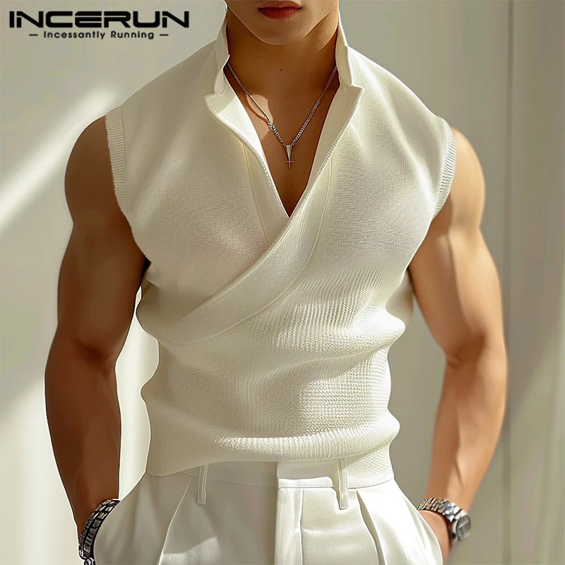 INCERUN Men Tank Tops Solid Color V Neck Sleeveless Casual Male Vests Summer Streetwear 2024 Fashion Leisure Korean Men Clothing