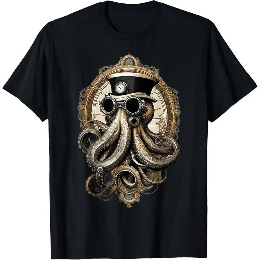 Classic Steampunk Octopus Retro Vintage Funky Fun Graphic T-Shirt 100% Cotton Trendy Y2K Short-Sleeve Tee-Soft, Quick-Drying,