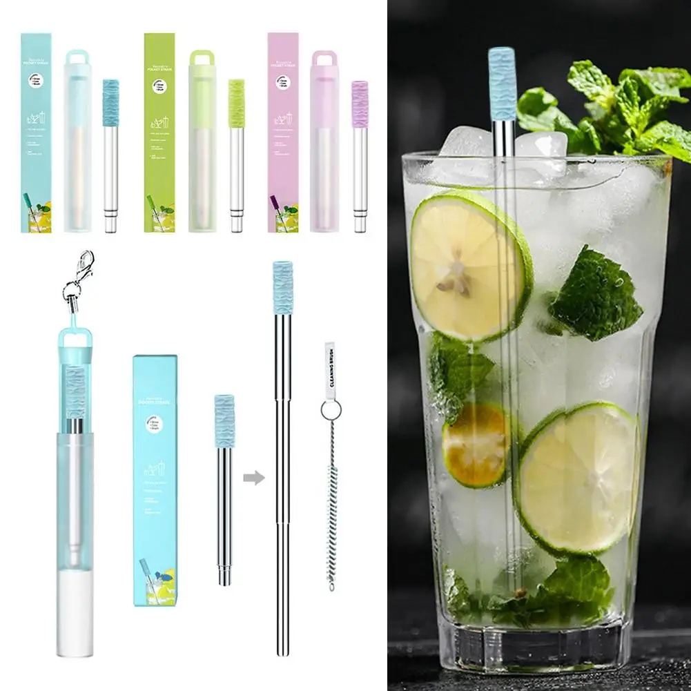 Reusable Straws 304 Stainless Steel Straws Collapsible Portable Telescopic Straw Drinking Straw With Tips Silicone Travel H1J1