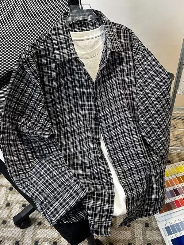 

Black Long Sleeve Plaid Shirt Men's Casual Style Spring Autumn High Sensation Trendy Classic Fit Button up Top