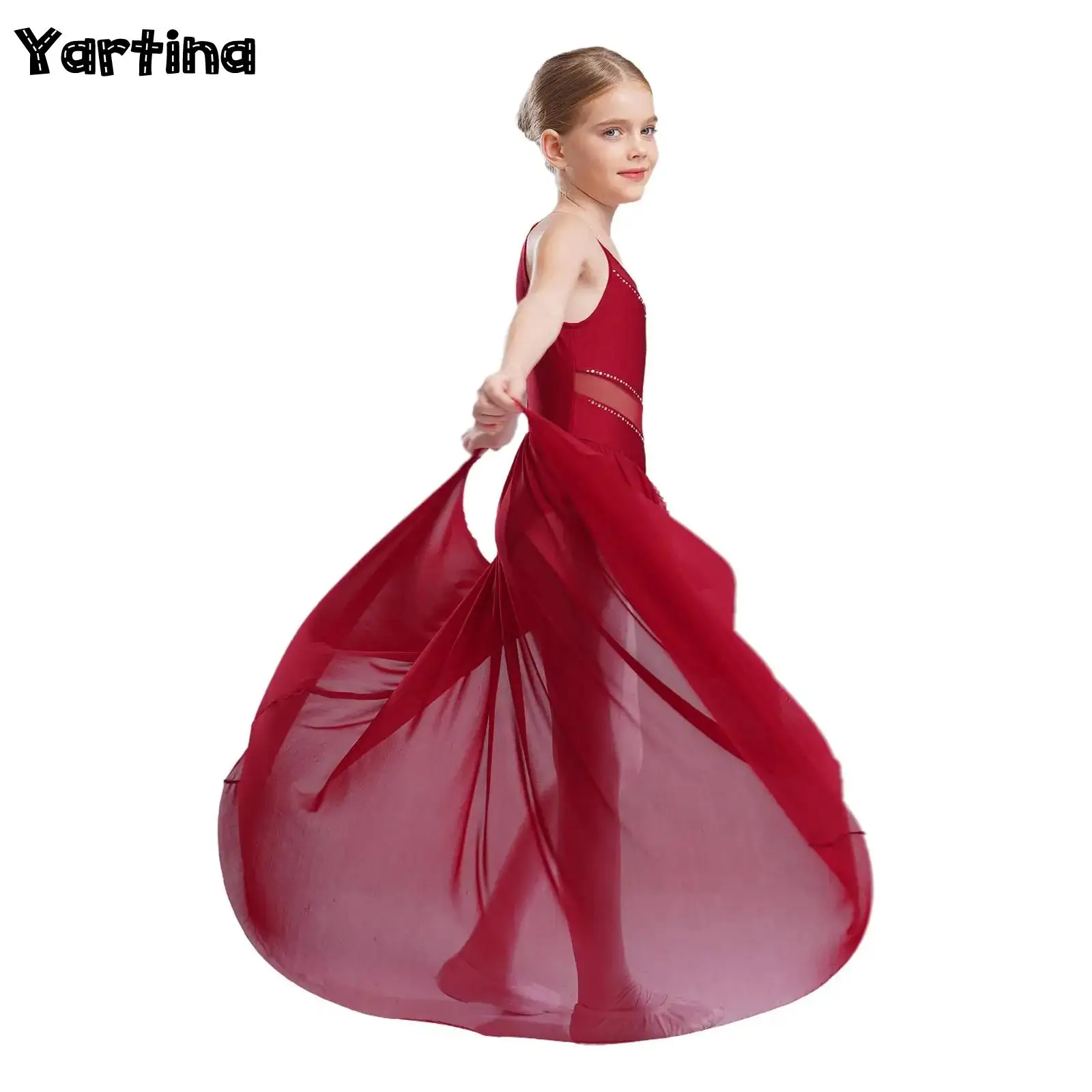 

Kids Girls Gymnastics Leotard with Skirt Ice Skating Ballet Lyrical Contemporary Dance Costume Flowy Mesh Strappy Back Dresses