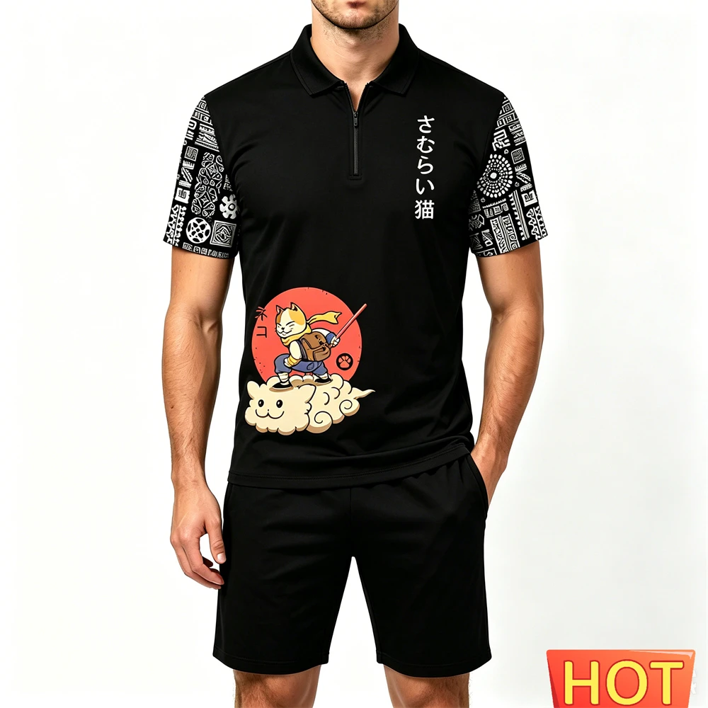 Summer Men's Sets Fashion Zip Short Sleeve Polo Shirt and Shorts 2 Piece Japan Samurai Cat Pattern Man Outfit Casual Loose Suit view 4